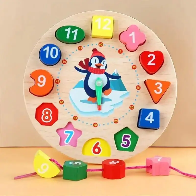 Wooden Number Blocks Puzzle Shape Color Sorting Clock